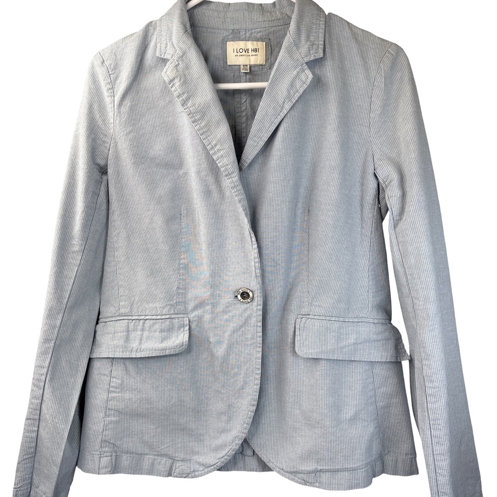 I Love H81 Forever 21 Blue & White Striped 1 Button Cotton Blazer Medium